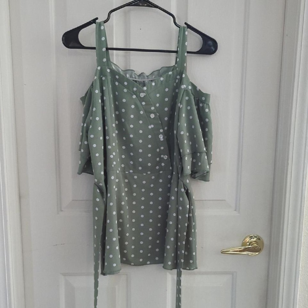 Sage Green Polka Dot Cold Shoulder Button Front Tie Waist Blouse Top